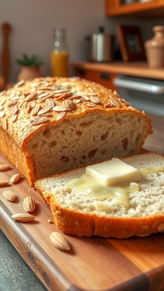 A slice of almond flour bread with butter on a wooden board, surrounded by almond slices.